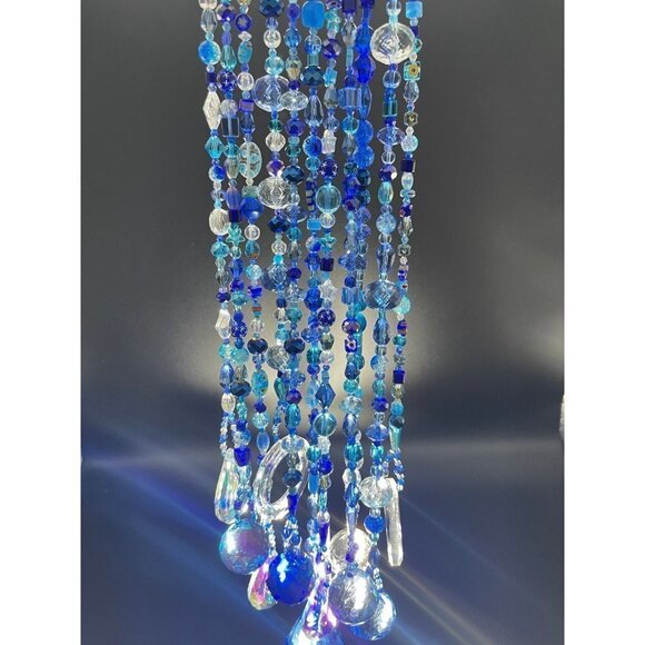 Blue Beaded Suncatcher - Clear Crystal Prism - Indoor Outdoor Hanging Decor - Picture 11 of 16